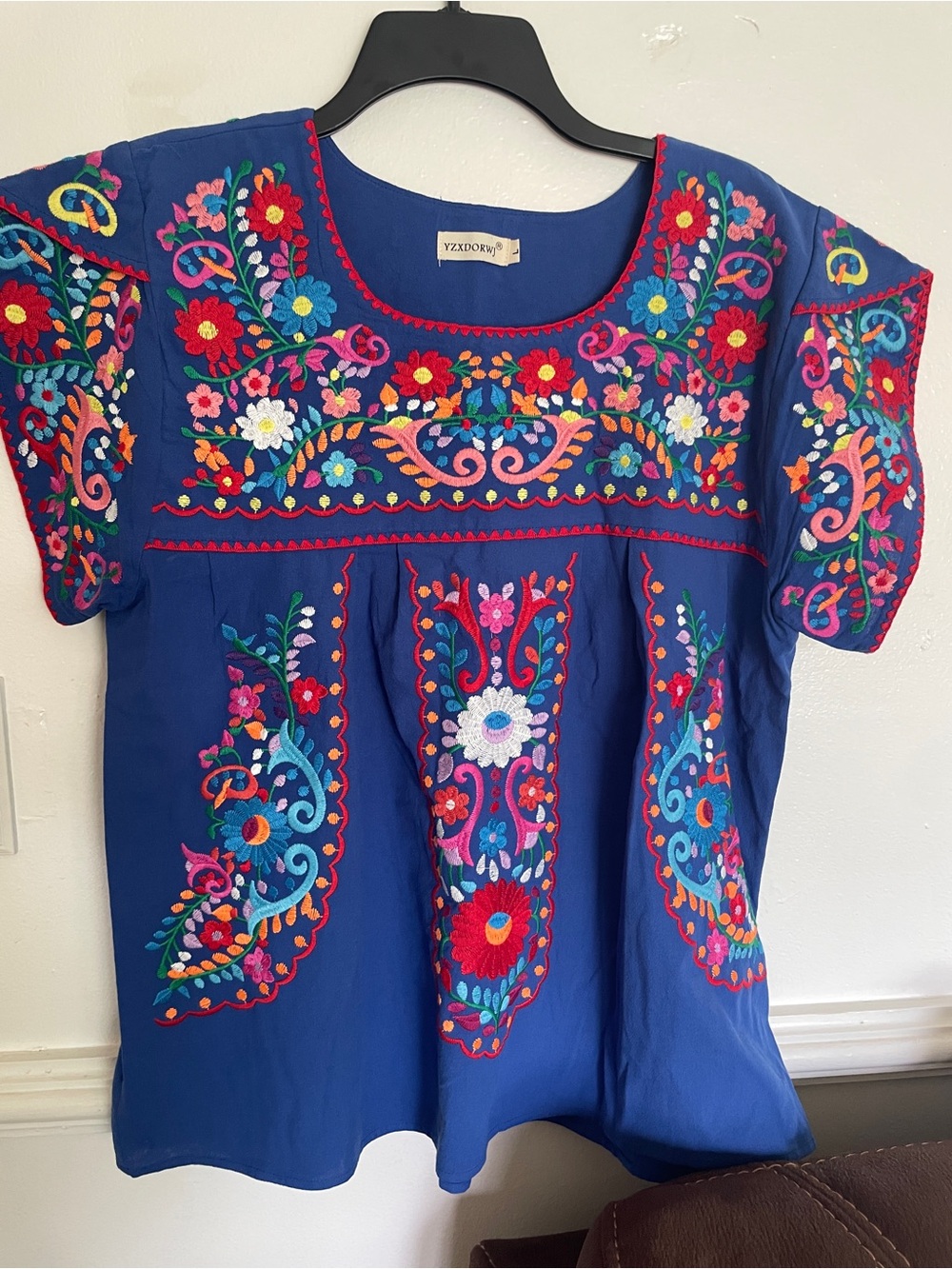 Hand-Embroidered Blue Floral Peasant Top